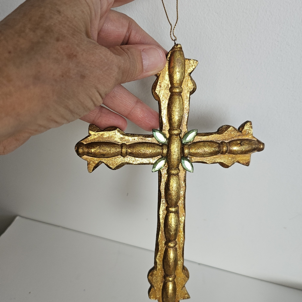 Gold Cross Florentine Ornament Green Accent Wall Hanging Devotiona Crucifix